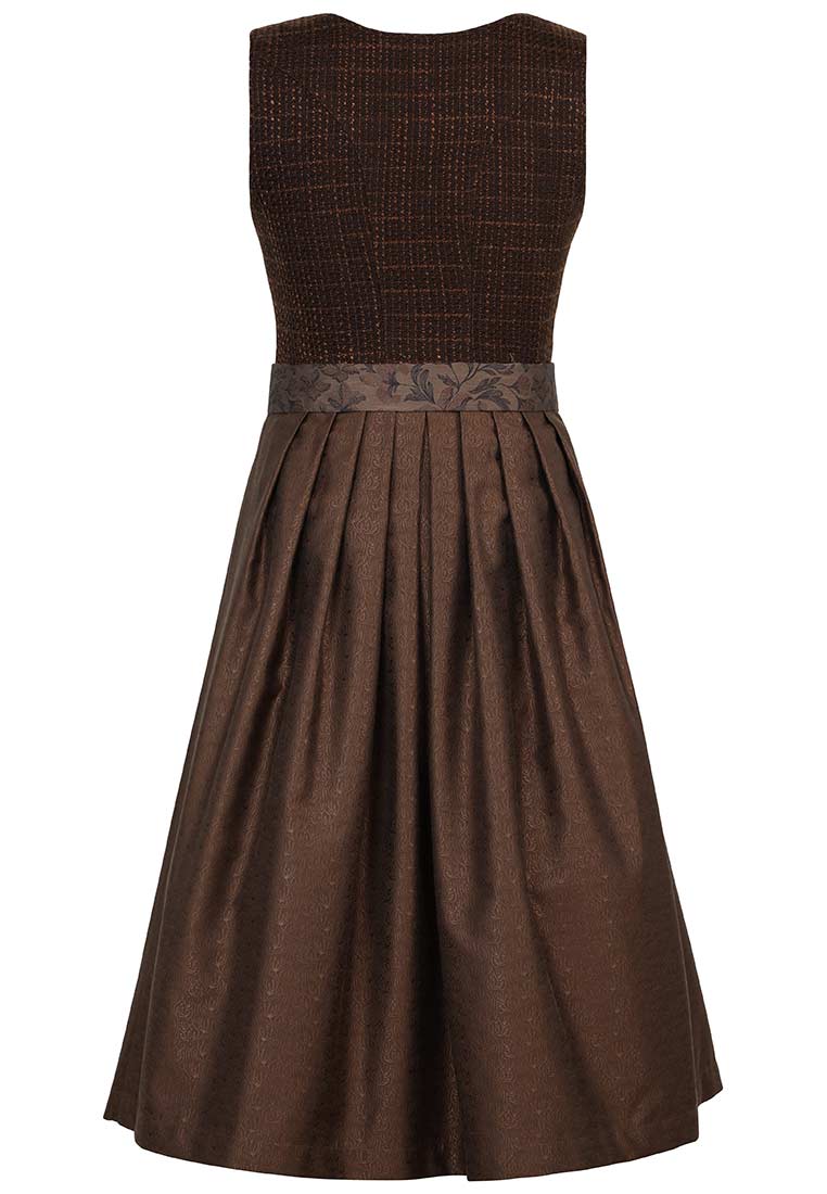 MarJo Trachten Brunnenthal dunkelbraun 65 cm Dirndl, Frontansicht eines dunkelbraunen, ärmellosen Dirndls mit gemustertem Oberteil und geflocktem Rock.