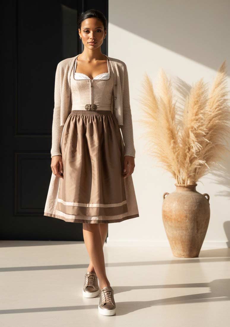 Marjo Dirndl Lalling taupe 65cm: Frontansicht eines eleganten Dirndls in Taupe mit einem Band am Saum, kombiniert mit einer passenden Strickjacke und Schnürschuhen.