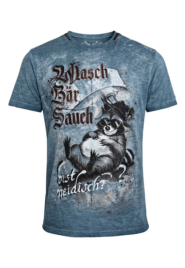 Hangowear Herren Trachtenshirt Waschbärbauch blau, Frontansicht eines kurzärmeligen T-Shirts in Blautönen mit einem auffälligen Waschbär-Motiv und Schriftzug.