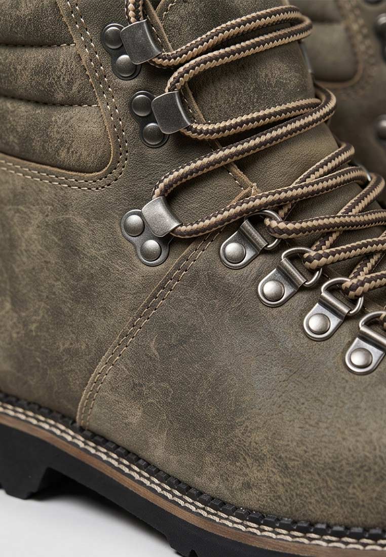 Detailansicht von MeiSchua Trachtenboots Bill in Braun, mit Schnürsenkeln und sichtbaren Ösen sowie Nähten.