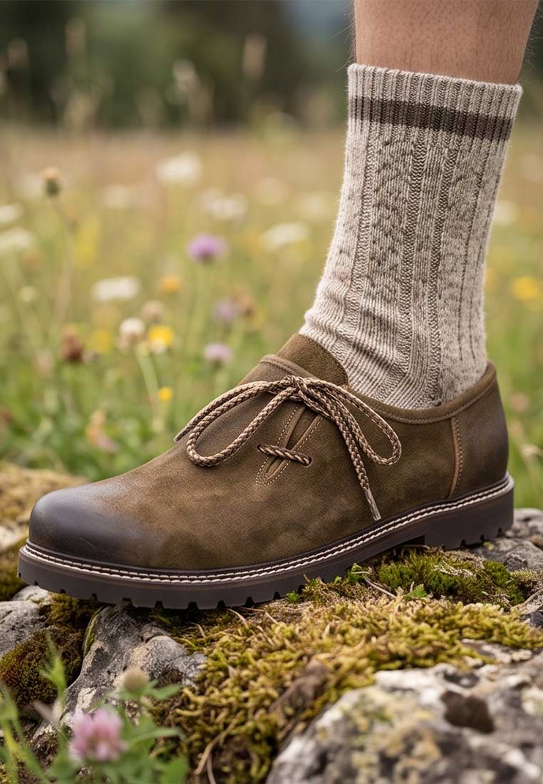 Maddox Trachten Haferlschuhe in Braun, Frontansicht. Klassischer Trachtenschuh mit Schnürung und robuster Sohle, perfekt für traditionelle Outfits.