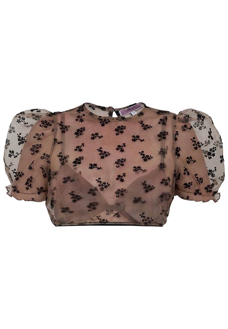 MarJo Trachten Dirndlbluse Kohlwies nude Frontansicht mit Puffärmeln und durchscheinendem Stoff mit Blumenmuster. Eine stilvolle Trachtenbluse.
