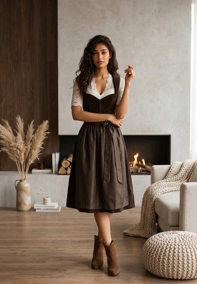 Trachten Deiser Dirndl Jasmina braun 70 cm Frontansicht mit weißer Spitzenbluse und braunem Rock. Das Dirndl hat eine Schnürung und einen Gürtel.