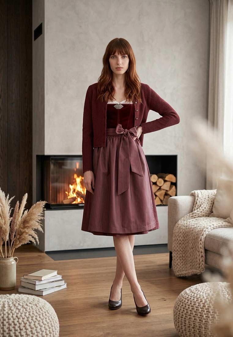 Marjo Trachtenstrickjacke Vilseck bordeaux, Frontansicht einer Frau mit einem modischen bordeauxroten Strickcardigan.