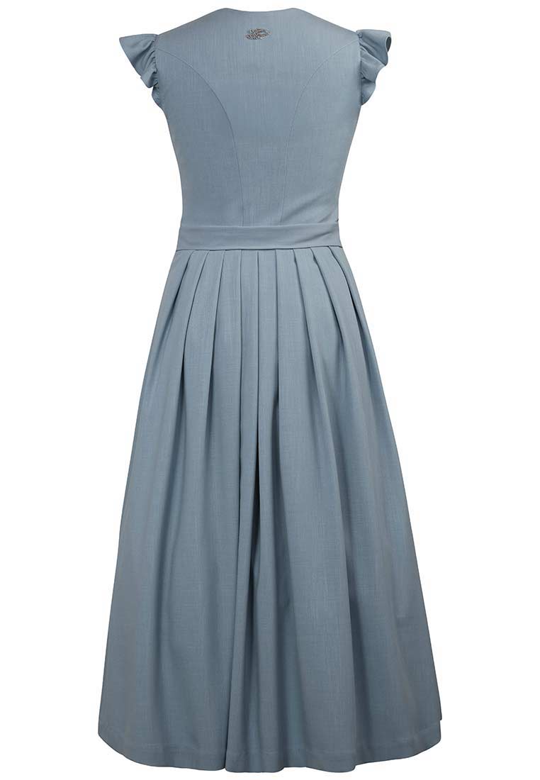 Madame Marie Dirndl Meliora himmelblau 75 cm, Rückansicht eines stilvollen Dirndls in Himmelblau mit einer eleganten Taille und fließendem Rock mit Falten.
