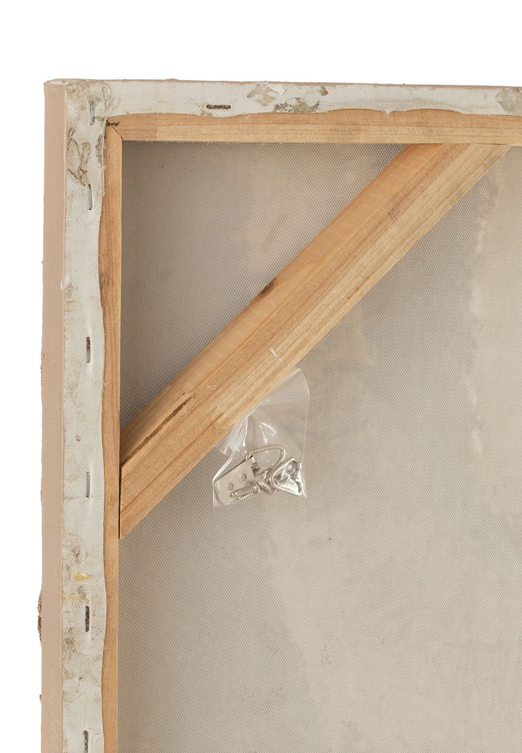J-LINE Wanddekoration Ibiza Kanevas Janine, Rückansicht, beige Leinwand mit Holzrahmen und Befestigungsmaterial.