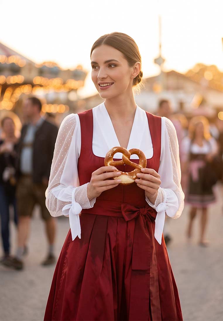 Waldorff Dirndlbluse Emilia in weiss, Frontansicht. Elegante weisse Bluse mit transparenten Puffärmeln und Schleifen an den Manschetten.