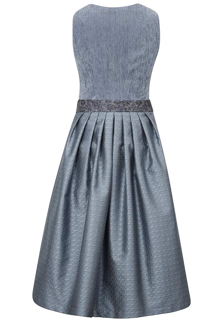 MarJo Trachten Dirndl Buchkirchen himmelblau 65 cm Frontansicht mit Faltenrock und dezenter Taillenbordüre in Grau, aus schimmerndem Stoff.