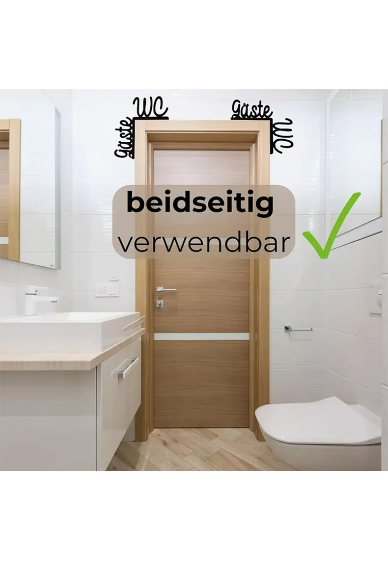 Schild Gäste WC aus schwarzem Metall, Frontansicht, Dekorschild für Türen mit Schriftzug.