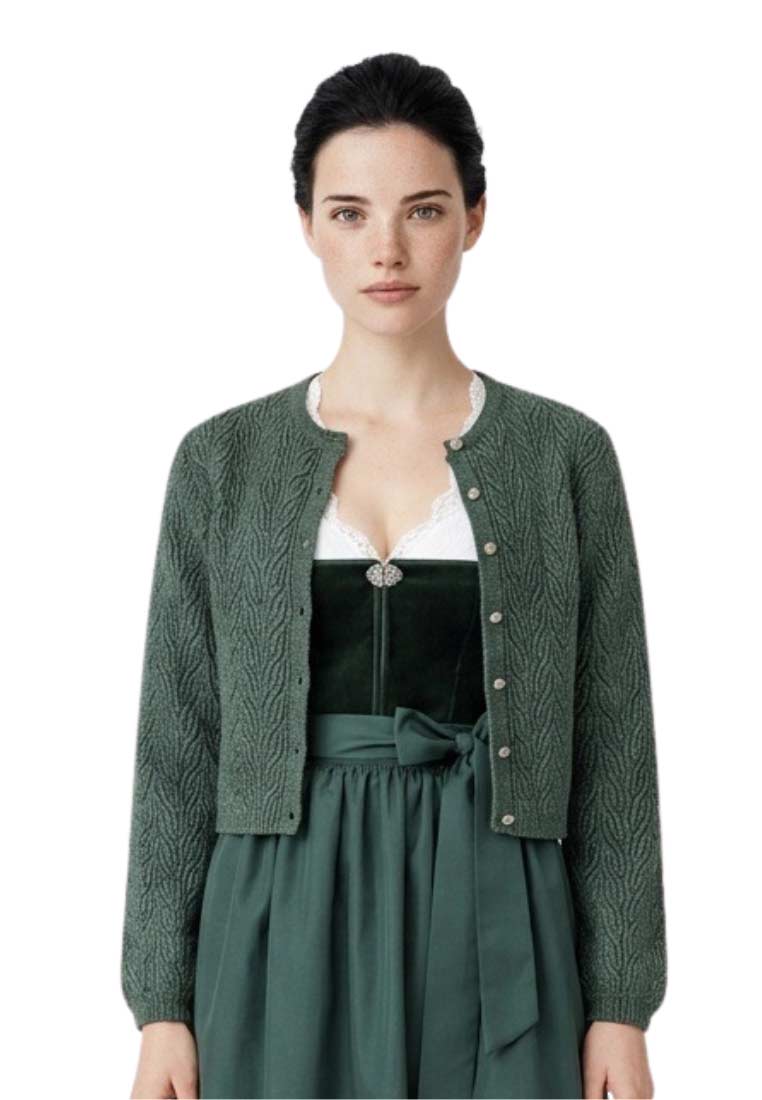 Madame Marie Trachtenstrickjacke Avenara Grün, Frontansicht der Strickjacke mit Knöpfen und Rundausschnitt, aus leicht strukturiertem Stoff.