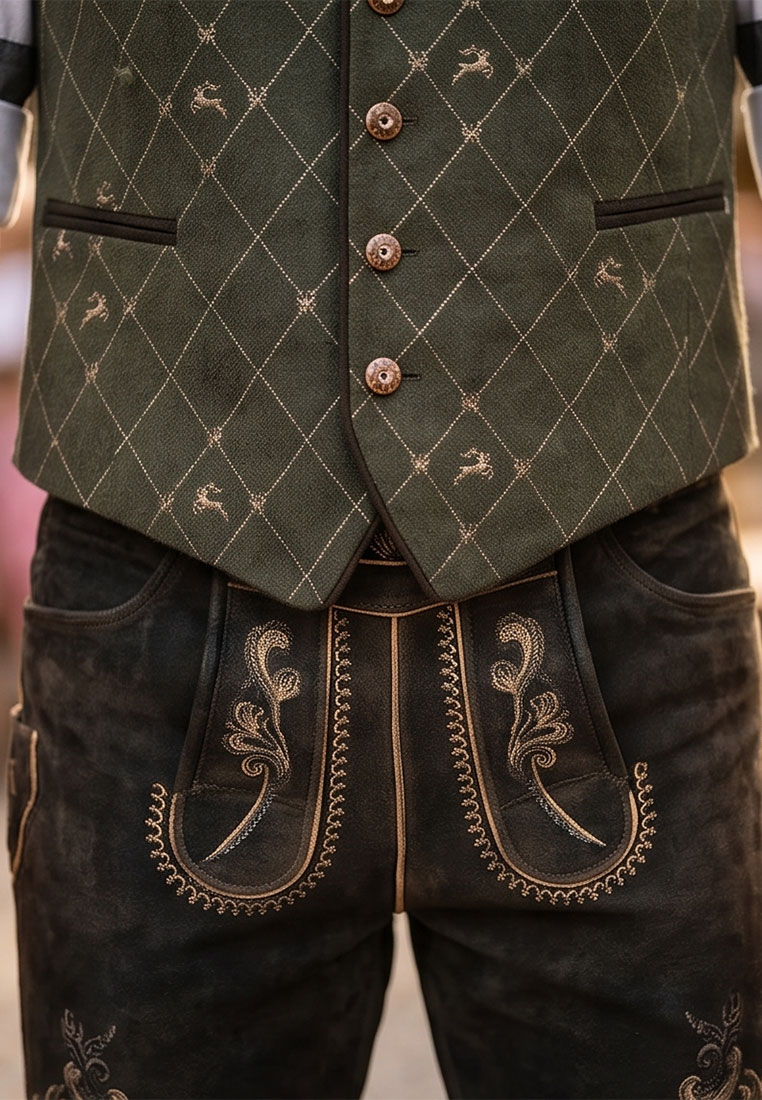Gweih&Silk Lederhose Jerry dunkelbraun: Frontansicht einer dunkelbraunen Lederhose mit sichtbaren Taschen und Stickereien am Latz.