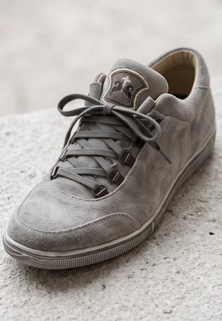 Maddox Herrenschuh sneaker Obersee stein in Grau. Frontansicht mit Schnürung und sichtbaren Metallösen.