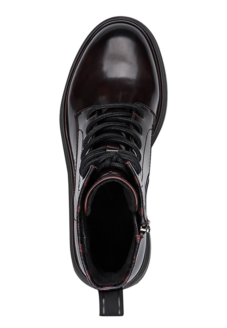 Tamaris Stiefelette Aria Bordeaux aus Lackleder in Bordeaux, Ansicht von oben mit Schnürung und seitlichem Reißverschluss.