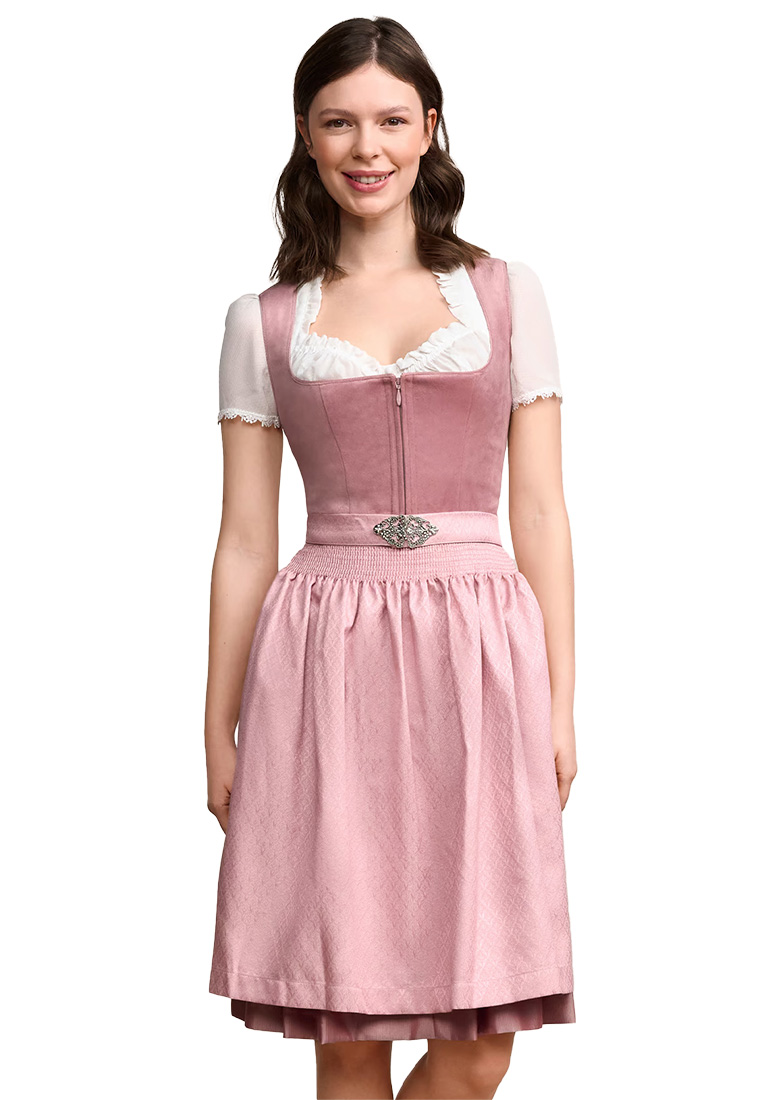 Krüger Dirndl Alisha rosa 60cm Frontansicht in Rosa mit Reißverschluss vorne und einem elastischen Bund am Rockteil.