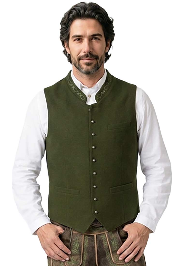 Stockerpoint Trachtenweste Devito in Grün, Herren-Weste, Frontansicht, mit traditionellem Kragen und Knopfleiste, mit aufgesetzten Taschen.