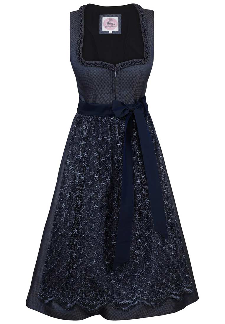 MarJo Trachten Dirndl Wernberg dunkelblau 58 cm, Frontansicht. Das Dirndl ist dunkelblau mit einem Reissverschluss vorne und einer Schleife am Bund.