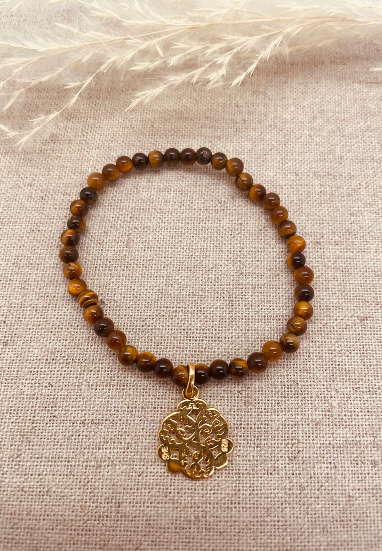 Elastikarmband Tigerauge mit Amulett Gold