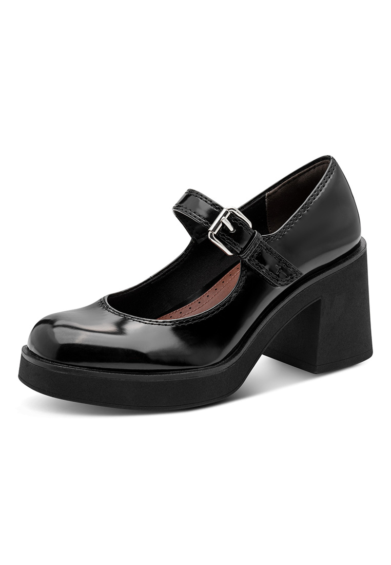 Tamaris Mary Jane Pumps in Schwarz, Seitenansicht, mit Plateau-Sohle und Blockabsatz mit Metallschnalle.