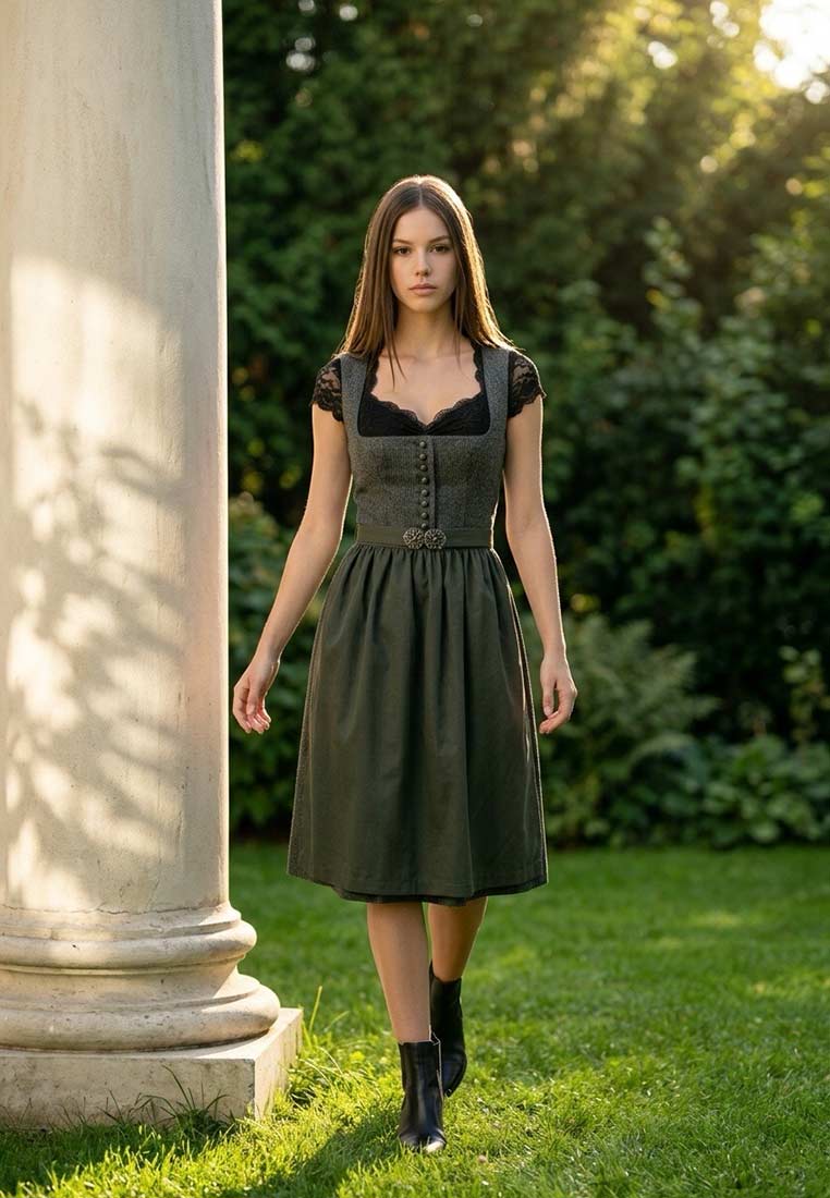 Kaiseralm Dirndl Seraina dunkelgrün 70 cm, Frontansicht. Ein stilvolles Dirndl in Dunkelgrün mit Knopfleiste vorne und Spitzenbesatz am Dekolleté.