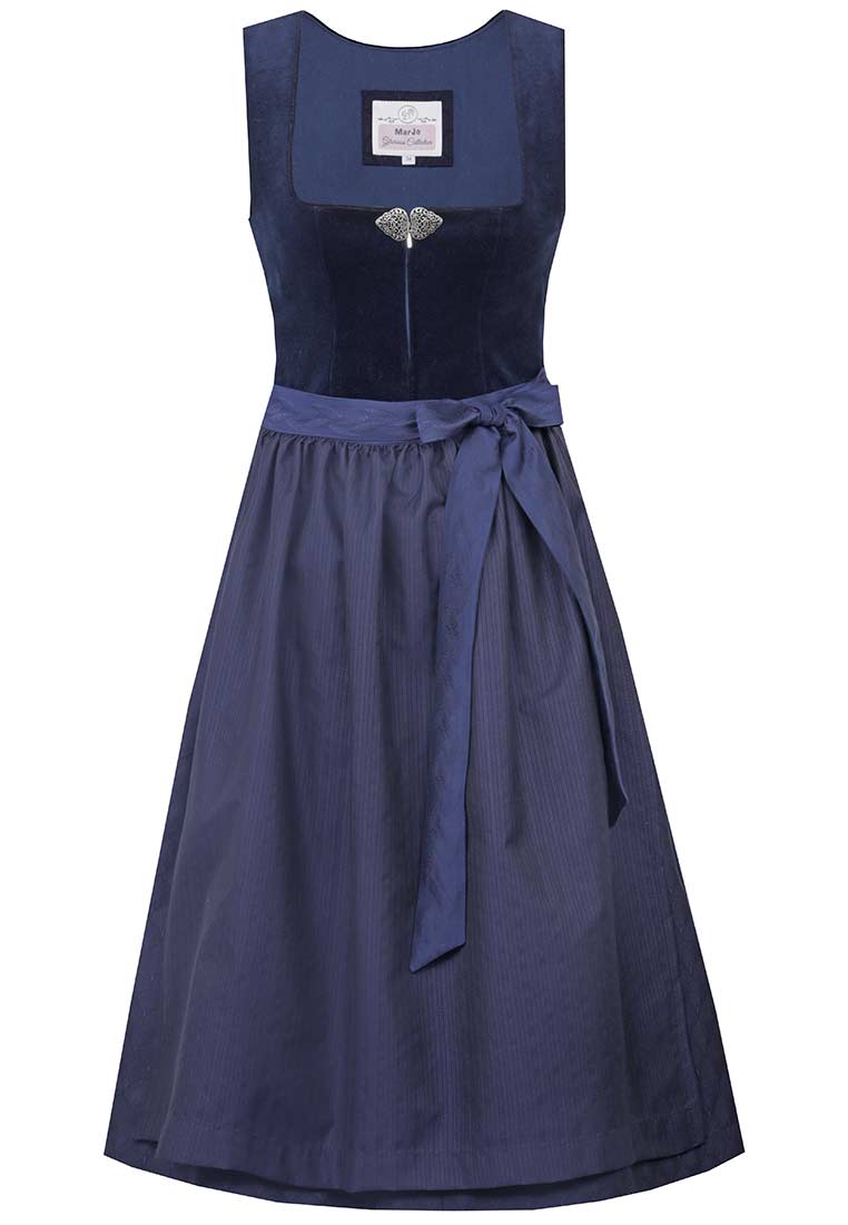 MarJo Trachten Dirndl Mönchsroth marine 70cm Frontansicht, marineblaues Dirndl aus Samt und Baumwolle mit Schürze und Schleife.