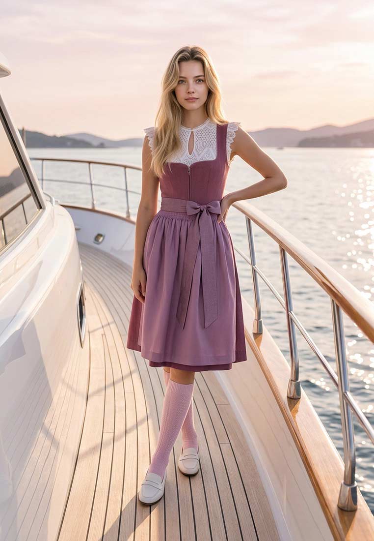 Marjo Dirndl Lichtenfels malve (borderaux) 58 cm, Frontansicht. Dieses stilvolle Dirndl in malve mit einer farblich passenden Schürze und einem weißen Spitzenkragen wird durch einen Reißverschluss vorne geschlossen.