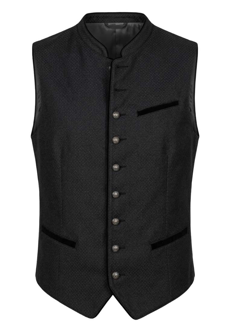 Maddox Trachtenweste Elbe schwarz, Frontansicht. Elegante schwarze Trachtenweste mit durchgehender Knopfleiste und zwei sichtbaren Leistentaschen.