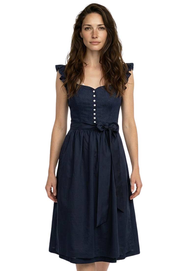 Frontansicht des Marjo Dirndl Eugendorf dunkelblau 70 cm mit Knopfleiste und Schleife. Das Kleid ist kurzärmelig mit Rüschen.