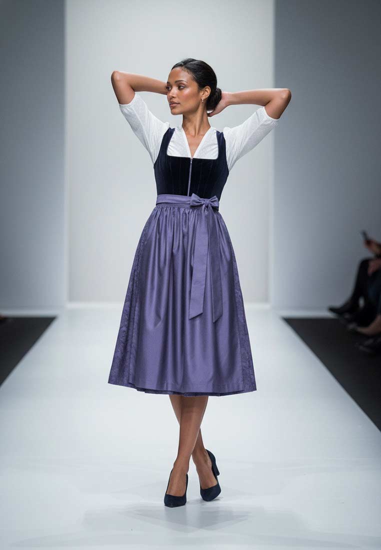 Madame Marie Dirndl Noctuna nachtblau 75cm, Frontansicht. Das elegante Dirndl in Nachtblau und Lila verfügt über einen Reißverschluss vorne und eine Schleife am Bund.