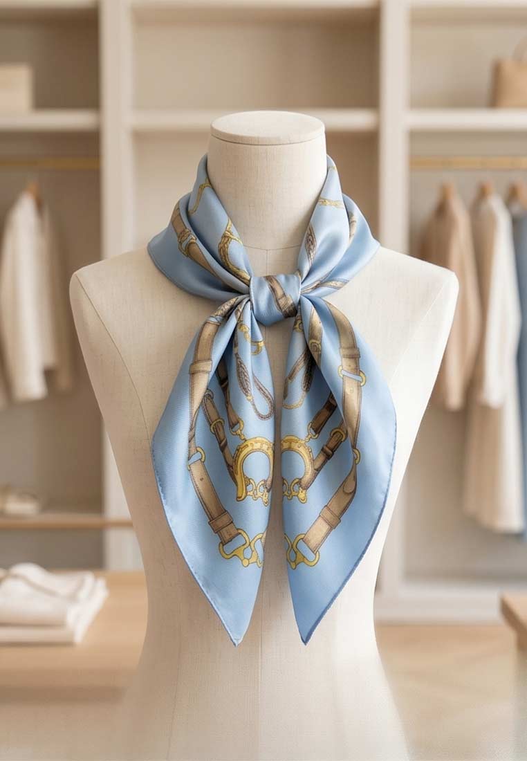 Schmuckzauber Nickituch Timeless hellblau in Frontansicht, mit auffälligem Riemen- und Hufeisenmuster, hellblau mit gold- und braunen Akzenten.