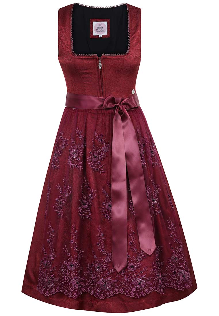 MarJo Trachten Dirndl Perkam chillirot 65cm in Frontansicht, mit Reißverschluss vorne und Satinband in der Taille.
