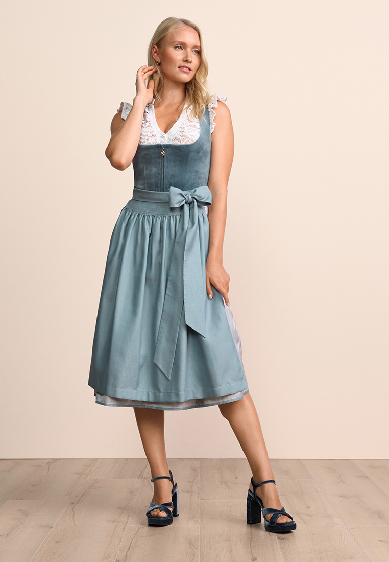 Krüger Dirndl Yalara blau 70cm, Frontansicht, in Blau mit einem Reissverschluss und einer Schleife am Bund.