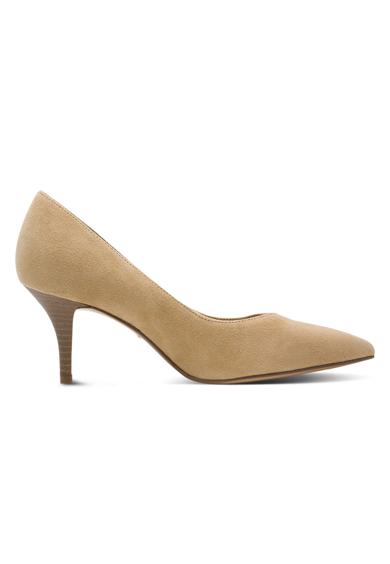 Tamaris Trachtenpumps beige, Seitenansicht, ein stilvoller Damenschuh mit spitz zulaufender Form und schlankem Absatz.