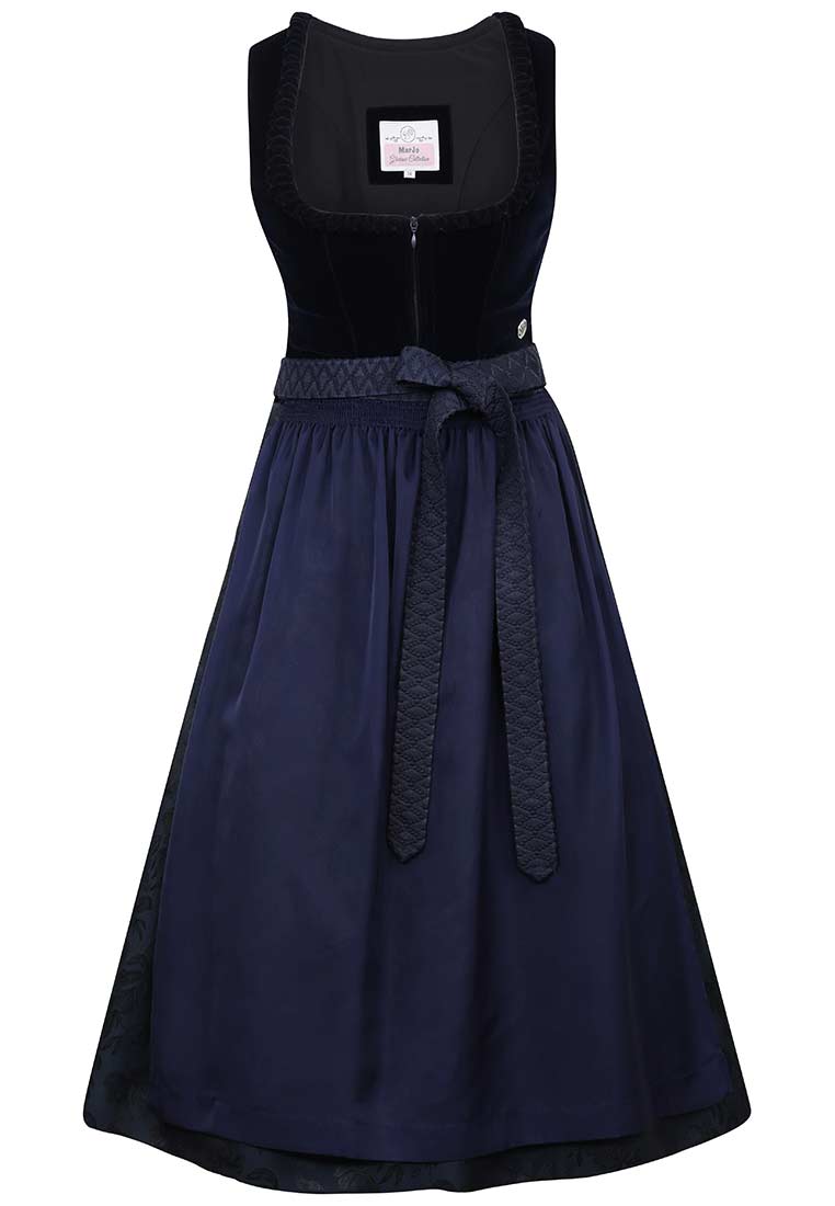 MarJo Trachten Dirndl Rabenstein dunkelblau 70 cm in Frontansicht. Das Dirndl ist aus dunkelblauem Samt und glatter Stoffqualität gefertigt und hat einen durchgehenden Reissverschluss vorne.