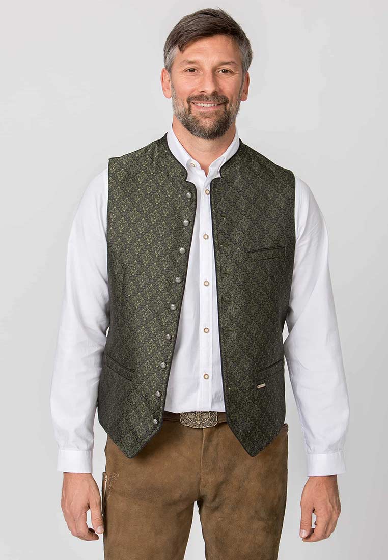 Stockerpoint Trachtenweste Morris olive in Frontansicht. Die Weste ist olivgrün mit einem Muster und hat eine Knopfleiste.