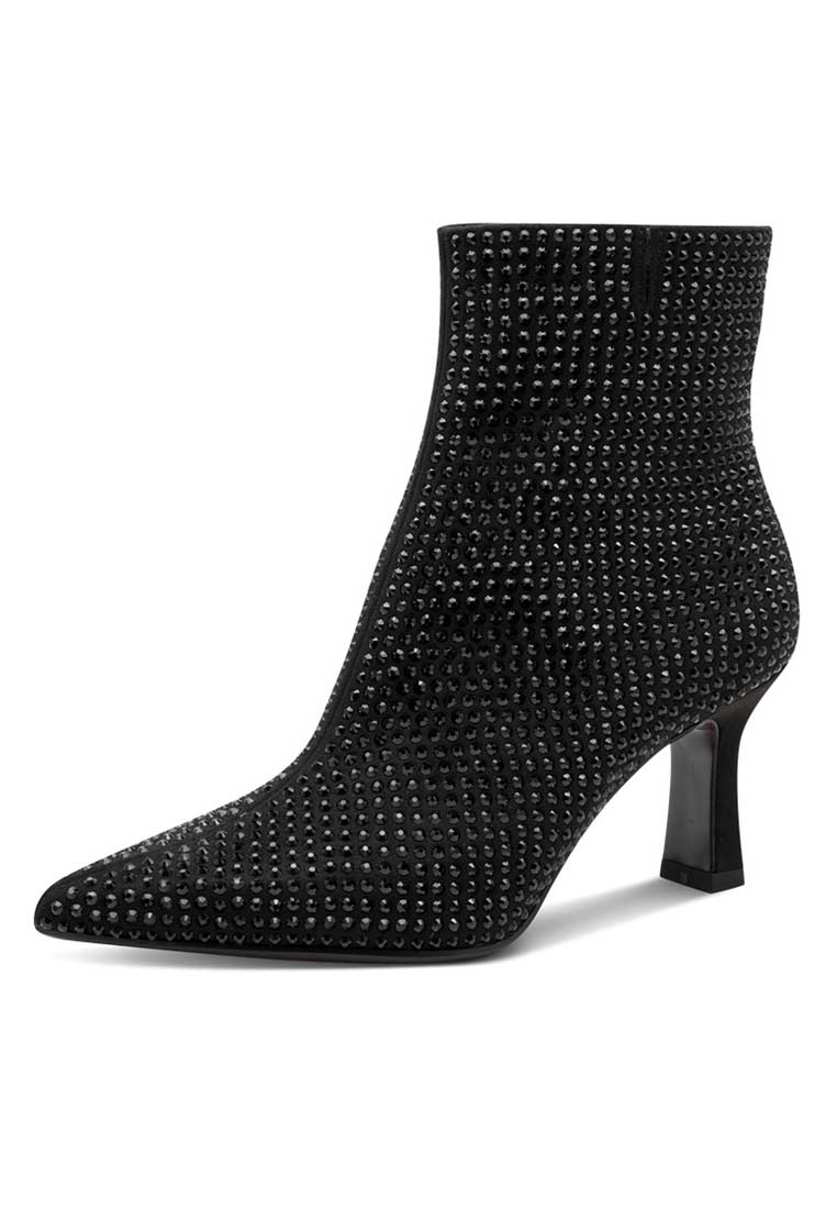 Tamaris Trachtenstiefel black glam, Frontansicht eines schwarzen Stiefeletten-Paares, besetzt mit kleinen Strasssteinen, mit spitzer Zehenpartie und Blockabsatz.