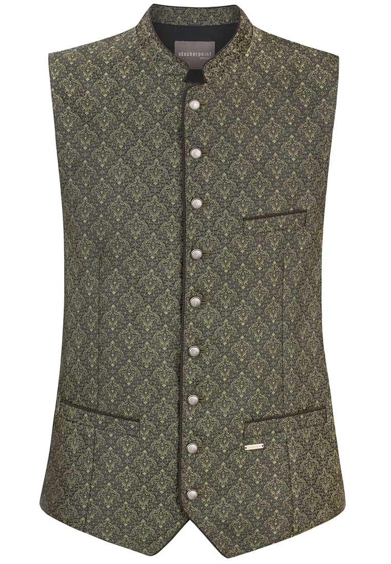 Stockerpoint Trachtenweste Morris olive Frontansicht mit Allover-Muster und Knopfleiste.