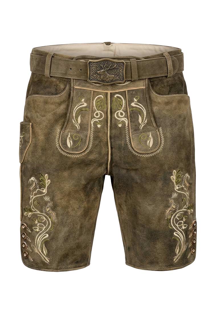 Gweih&Silk Lederhose Liam walnuss Herren-Lederhose in Braun mit Stickerei und Schnalle, Frontansicht, sichtbare Gesässtaschen und Gürtelschlaufen.