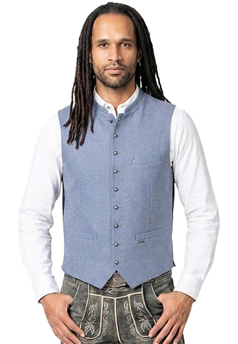 Stockerpoint Trachtenweste Devito hellblau, Frontansicht. Stilvolle Weste mit Knopfleiste und zwei aufgesetzten Taschen.