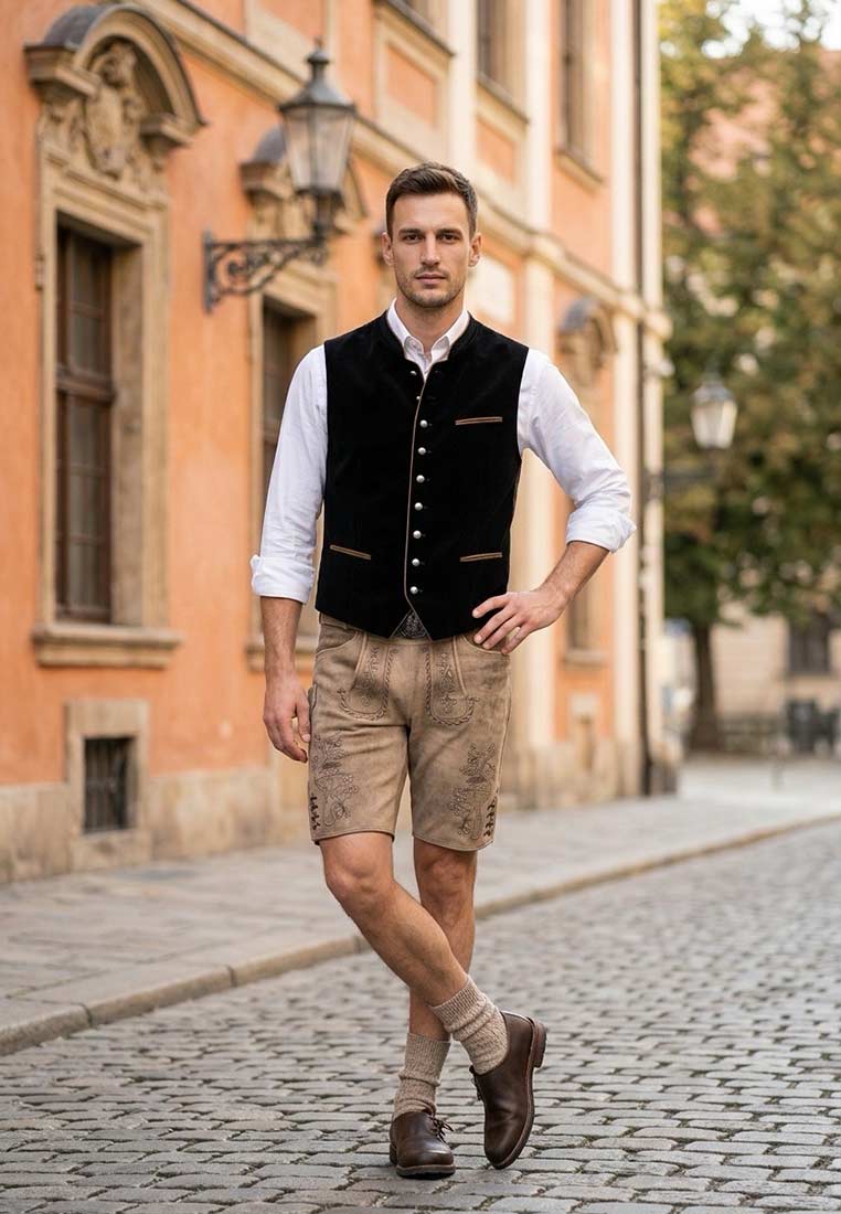 Maddox Trachtenweste Zwiesel schwarz, Herren-Weste in Frontansicht, schwarz mit silbernen Knöpfen und brauner Paspelierung, klassisch geschnitten.