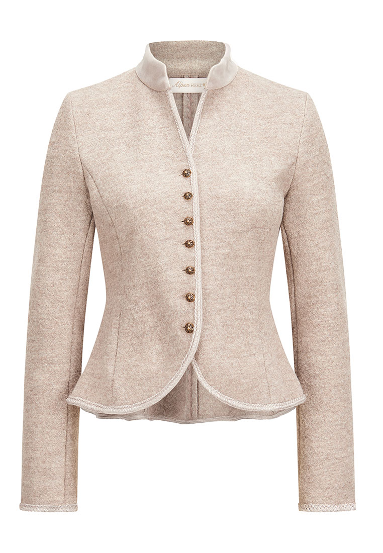 Alpenherz Walkjanker Amelie beige, Damen-Janker in Frontansicht mit Stehkragen und Knopfleiste, klassische Passform.