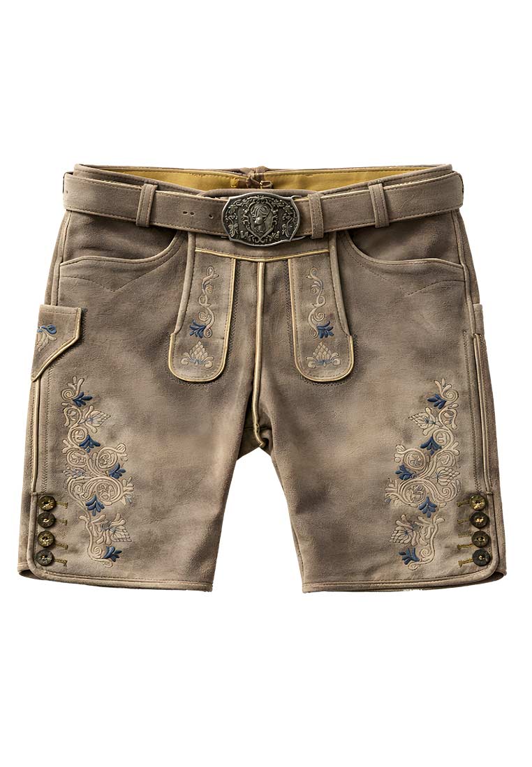 Maddox Lederhose Erlen sand, Frontansicht. Stilvolle Lederhose mit seitlicher Knopfleiste und dezenter Stickerei.