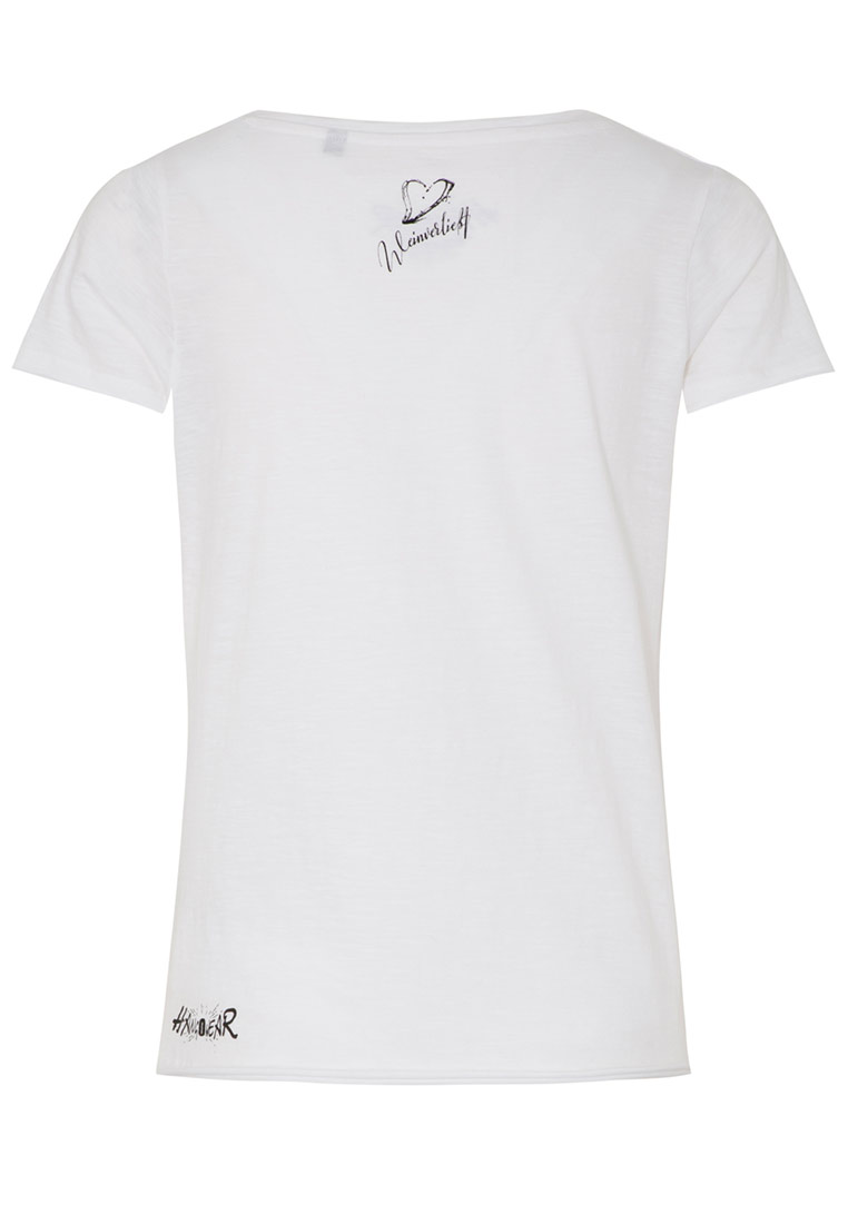 Hangowear Damenshirt Weinkind in Weiß, Rückansicht. Das Shirt hat kurze Ärmel und einen Rundhalsausschnitt mit einem kleinen Aufdruck.