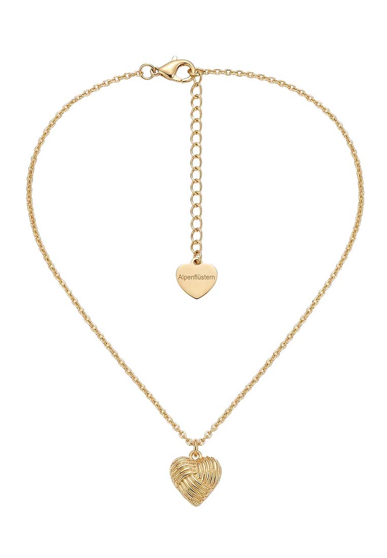 Alpenflüstern Halskette Knotenherz gold, Frontansicht. Die elegante Halskette aus Gold ist mit einem stilvollen Herz-Anhänger und einer feinen Kette versehen.