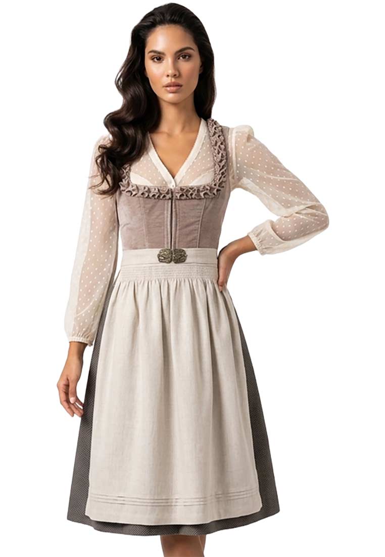 Frontansicht eines MarJo Trachten Dirndl Polling in sand mit einer sandfarbenen Schürze und einem dezent gepunkteten Oberteil. Das Dirndl hat einen V-Ausschnitt und lange Ärmel.