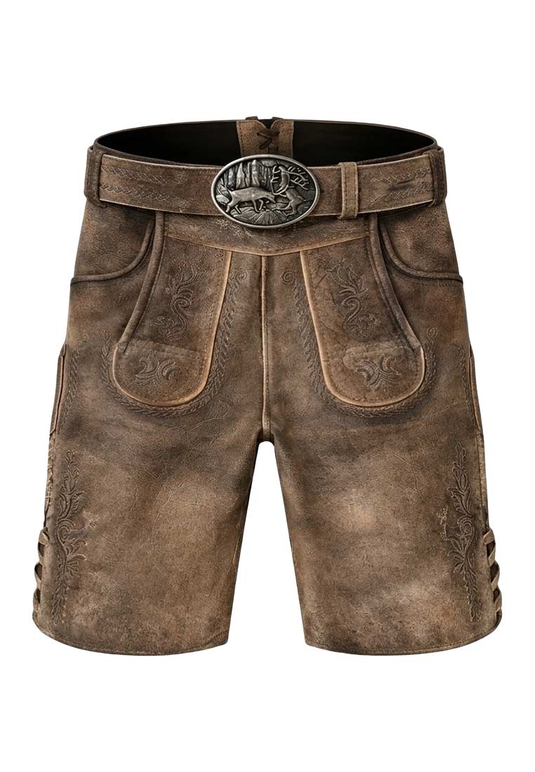 Gams Bock Lederhose Ederer Smoke antik in Braun. Frontansicht mit sichtbaren Gesässtaschen, Schnürung am Bein und einem auffälligen Gürtelschnalle.