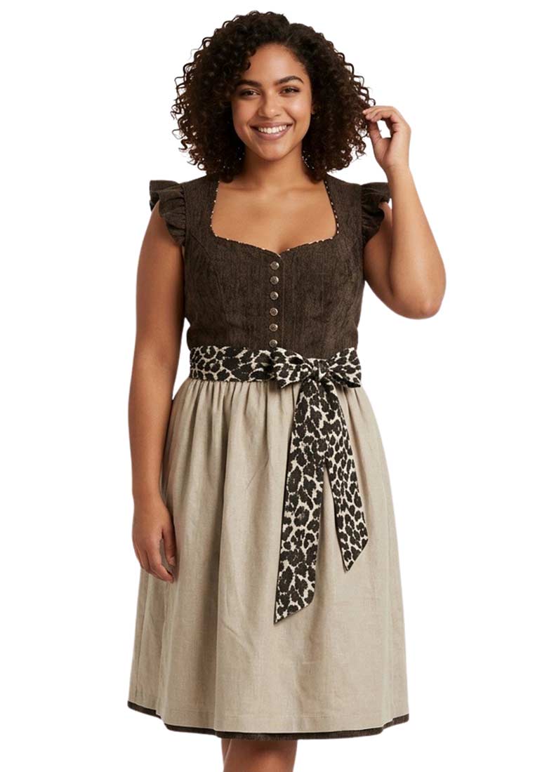 MarJo Trachten Dirndl Leo dunkelbraun 65 cm mit abnehmbaren Flügelärmeln, Frontansicht, in Dunkelbraun mit einem hellbraunen Rock und schwarzem Leo-Muster-Schleifenband.