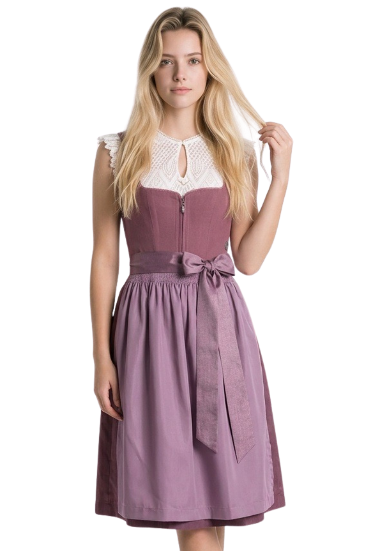 Marjo Dirndl Lichtenfels malve (borderaux) 58 cm in Frontansicht mit Reißverschluss und Schleife in der Taille
