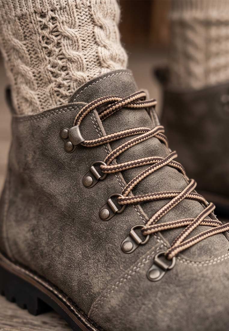 Nahaufnahme der MeiSchua Trachtenboots Jake bajra braun mit Schnürsenkeln und gestricktem Sockenrand. Die Schuhe sind aus Leder und haben eine Schnürung mit Metallösen.