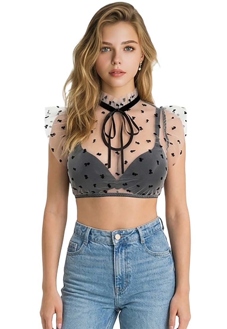 Dirndlbluse Juliette transparent mit schwarzen Blumen