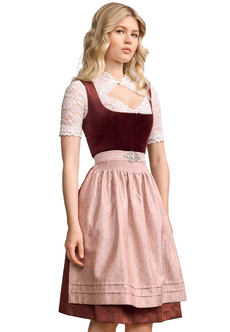 Krüger Dirndl Aurela bordeaux 60cm Frontansicht in Rot mit Spitzeneinsatz und bedrucktem Rock.